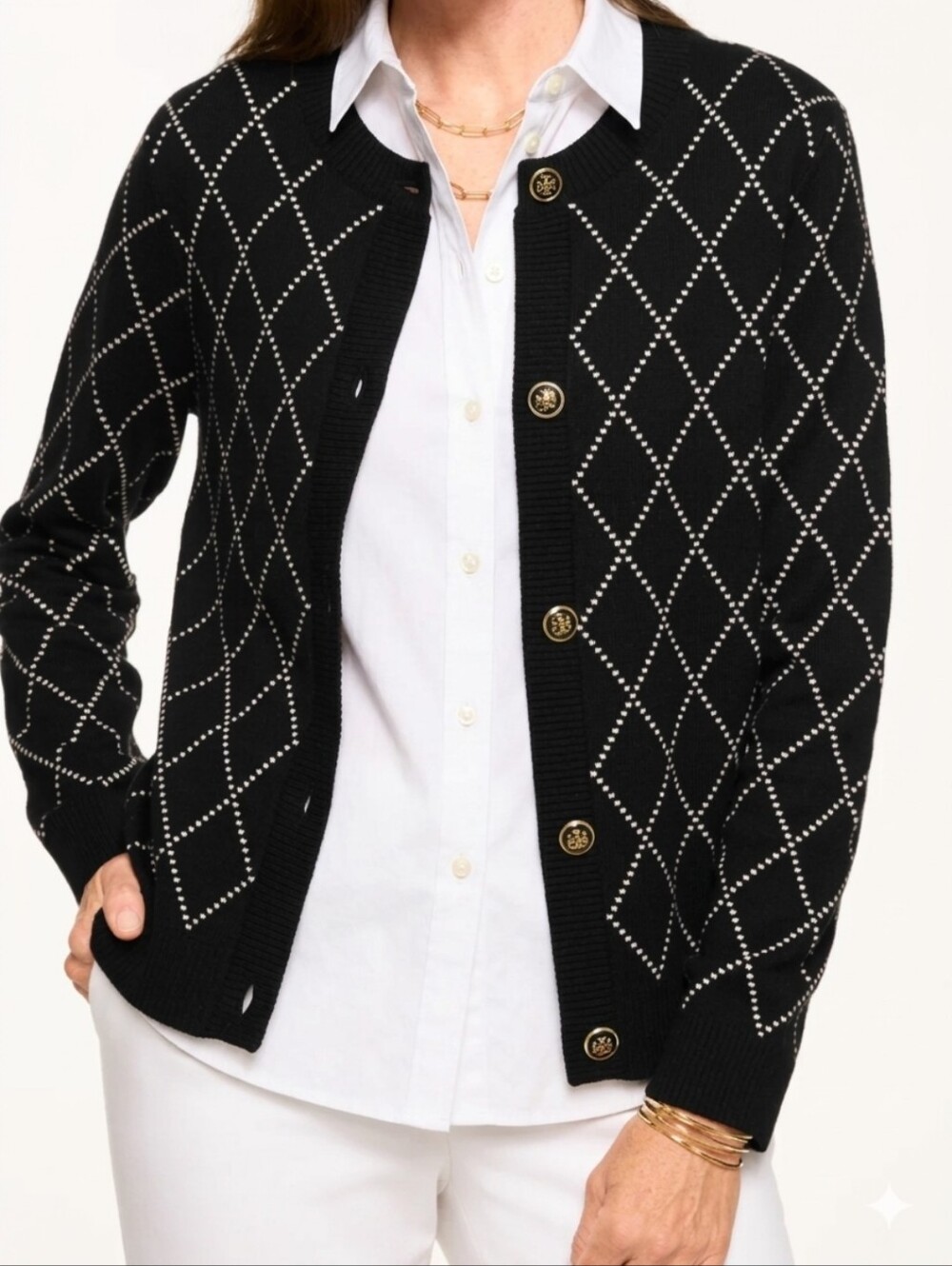 Talbots Women's Argyle Cardigan Sweater Black White Business Casual Preppy Mp